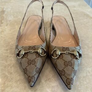 Gucci Brown Monogram Flats with Silver Accents
